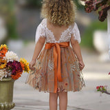 Knee Length Burnt Orange Floral Embroidered Flower Girl Dresses - The Little Kitten Boutique