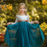 Long Sleeve White Lace and Teal Tulle Flower Girl Dress. - The Little Kitten Boutique