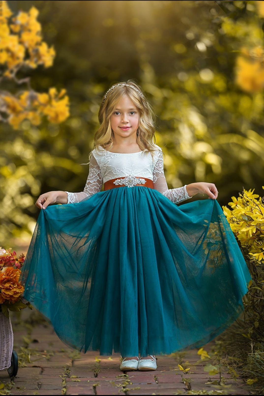 Long Sleeve White Lace and Teal Tulle Flower Girl Dress. - The Little Kitten Boutique