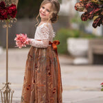 Long Sleeve Lace Tulle Flower Girl Dress for Fall Weddings - Burnt Orange - The Little Kitten Boutique