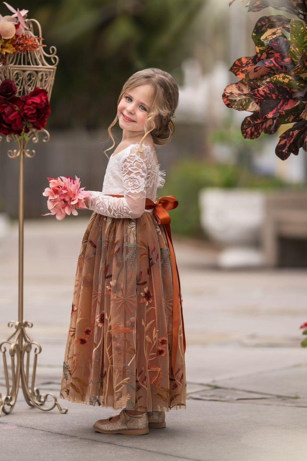 Long Sleeve Lace Tulle Flower Girl Dress for Fall Weddings - Burnt Orange - The Little Kitten Boutique