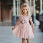 Short Sleeve Lace and Tulle Rose Flower Girl Dress - The Little Kitten Boutique