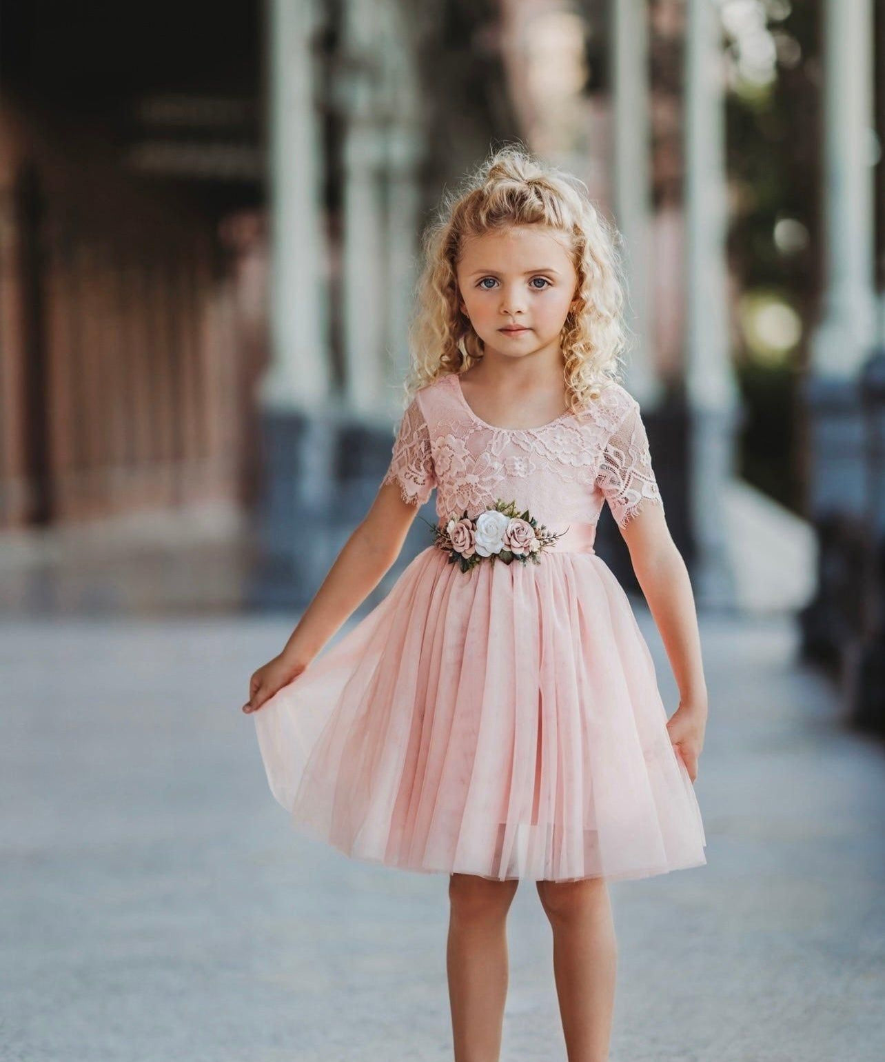 Short Sleeve Lace and Tulle Rose Flower Girl Dress - The Little Kitten Boutique