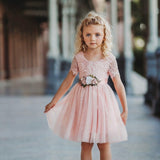 Short Sleeve Lace and Tulle Rose Flower Girl Dress - The Little Kitten Boutique