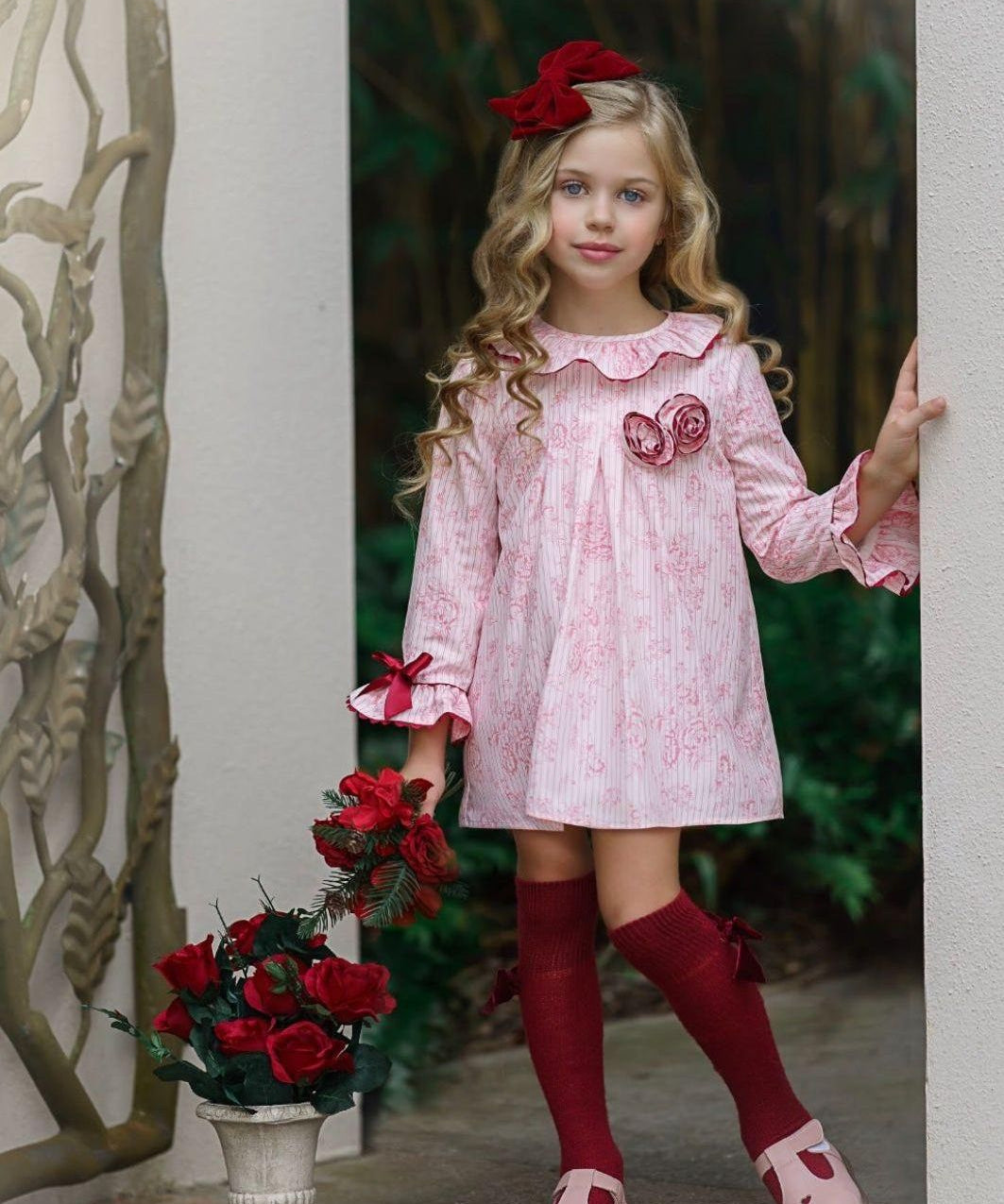 Pink and Red Toile Girls Babydoll Dress-Perfect Holiday Dress - The Little Kitten Boutique