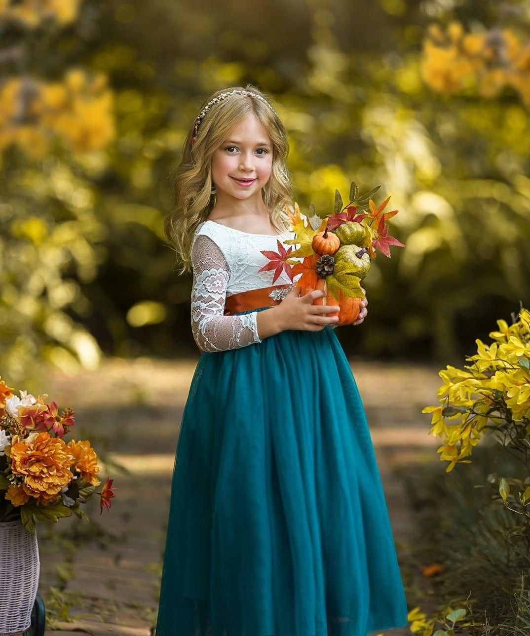 Long Sleeve White Lace and Teal Tulle Flower Girl Dress. - The Little Kitten Boutique