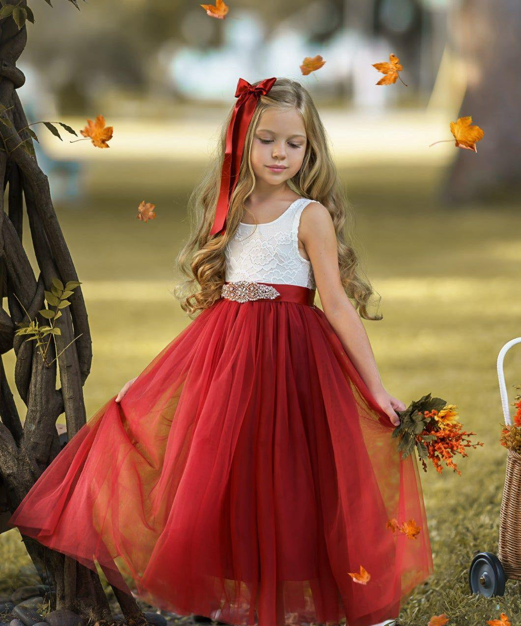 Sleeveless Burnt Orange Tulle and Lace Flower Girl Dress-magical fall dress - The Little Kitten Boutique