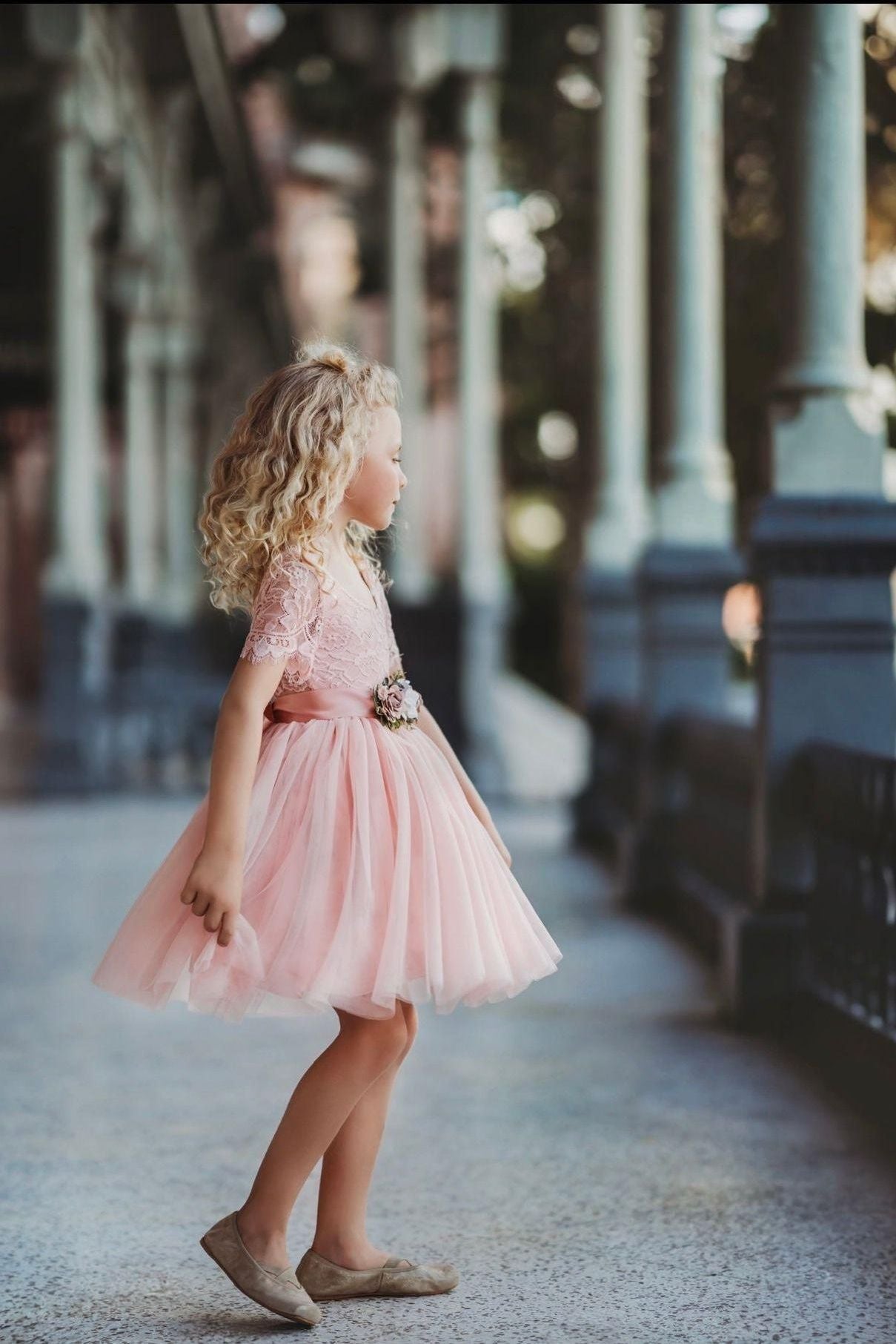 Short Sleeve Lace and Tulle Rose Flower Girl Dress - The Little Kitten Boutique