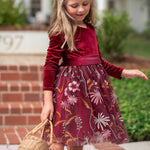 Burgundy velvet flower girl dress front view with floral embroidered tulle skirt