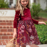Burgundy velvet flower girl dress front view with floral embroidered tulle skirt