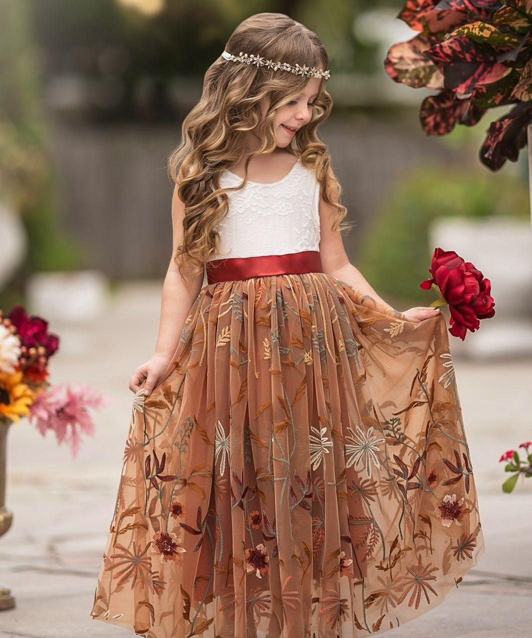 Sleeveless Floral Embroidered Burnt Orange Flower Girl Dress - The Little Kitten Boutique