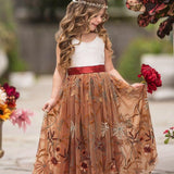 Sleeveless Floral Embroidered Burnt Orange Flower Girl Dress - The Little Kitten Boutique