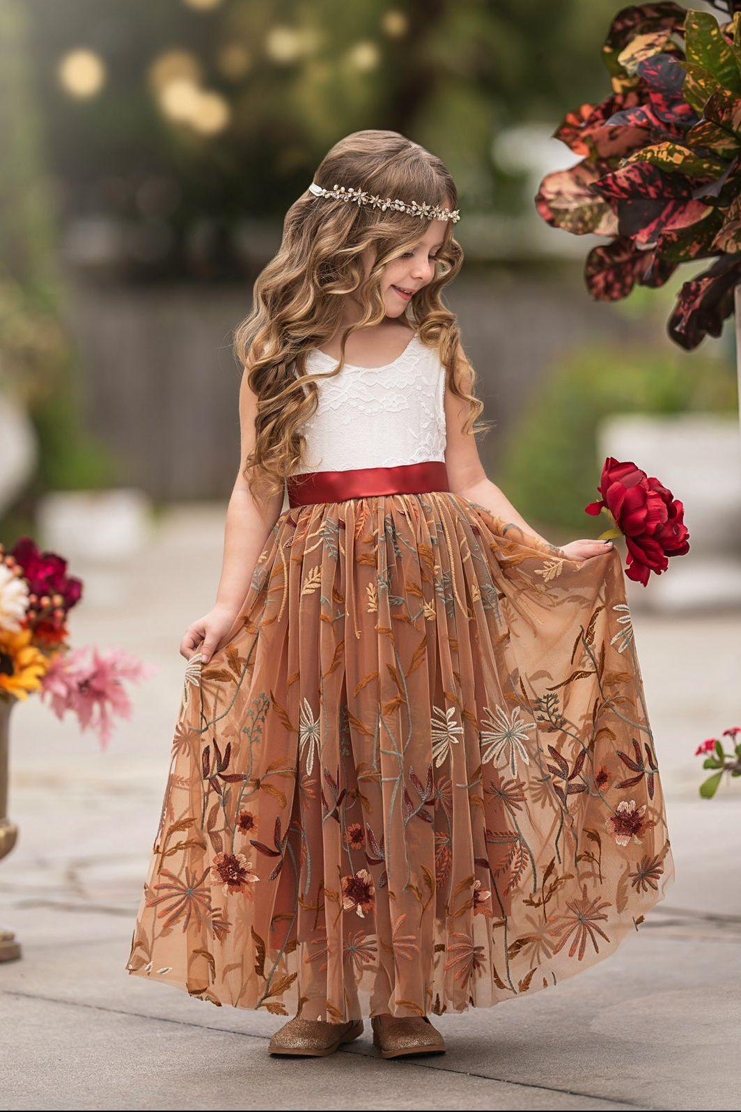 Sleeveless Floral Embroidered Burnt Orange Flower Girl Dress - The Little Kitten Boutique