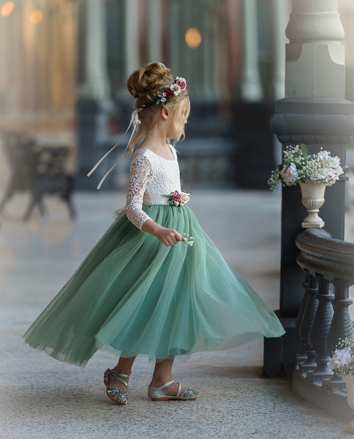 Long sleeve sage green tulle dress for flower girl 
