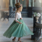 Long sleeve sage green tulle dress for flower girl 
