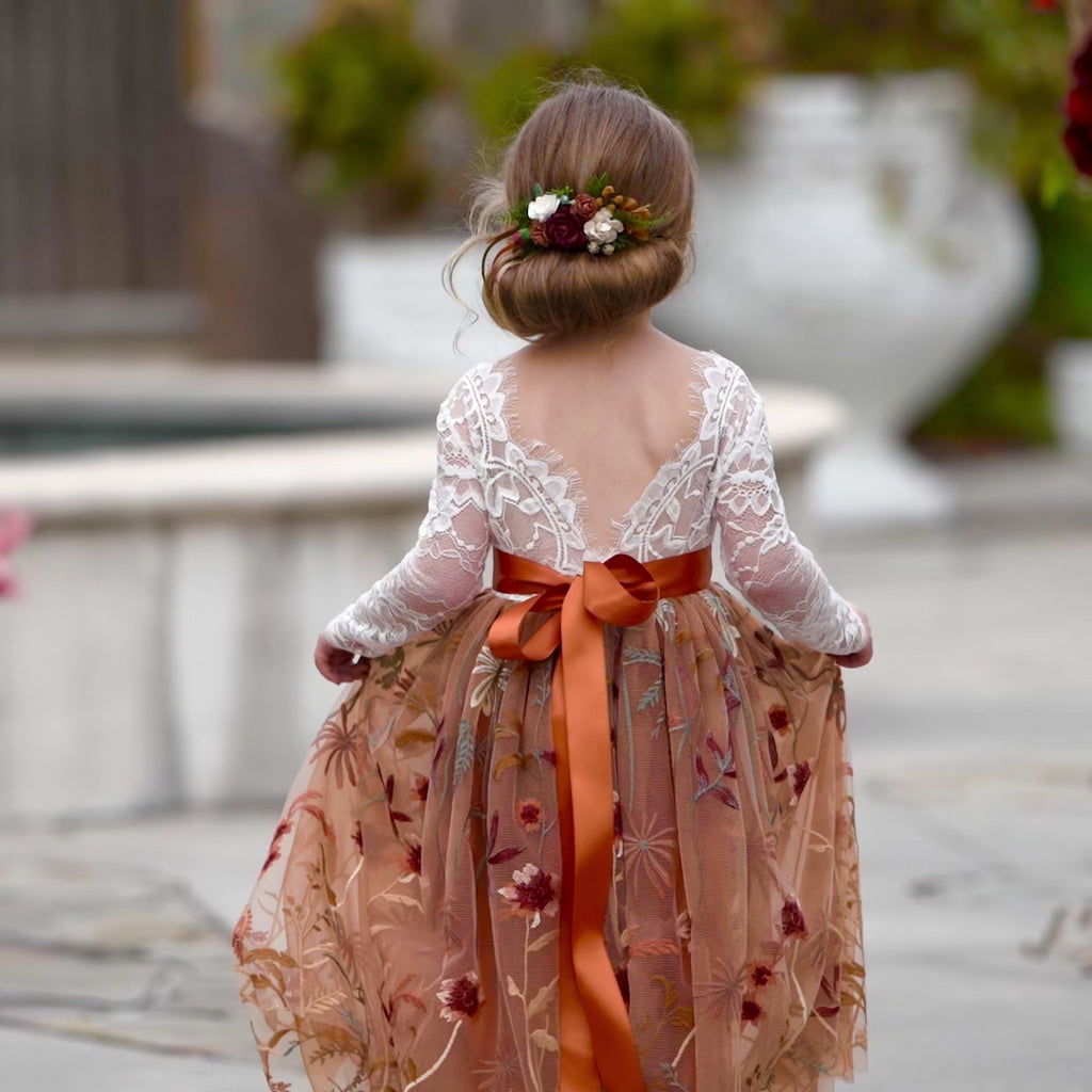 Long Sleeve floral Embroidered , lace and tulle burnt orange flower girl dress for toddlers and junior bridesmaids. Perfect for fall wedding.