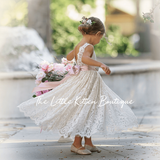 Sleeveless Lace Boho Flower Girl Dress with V-Back and Eyelash Lace - The Little Kitten Boutique