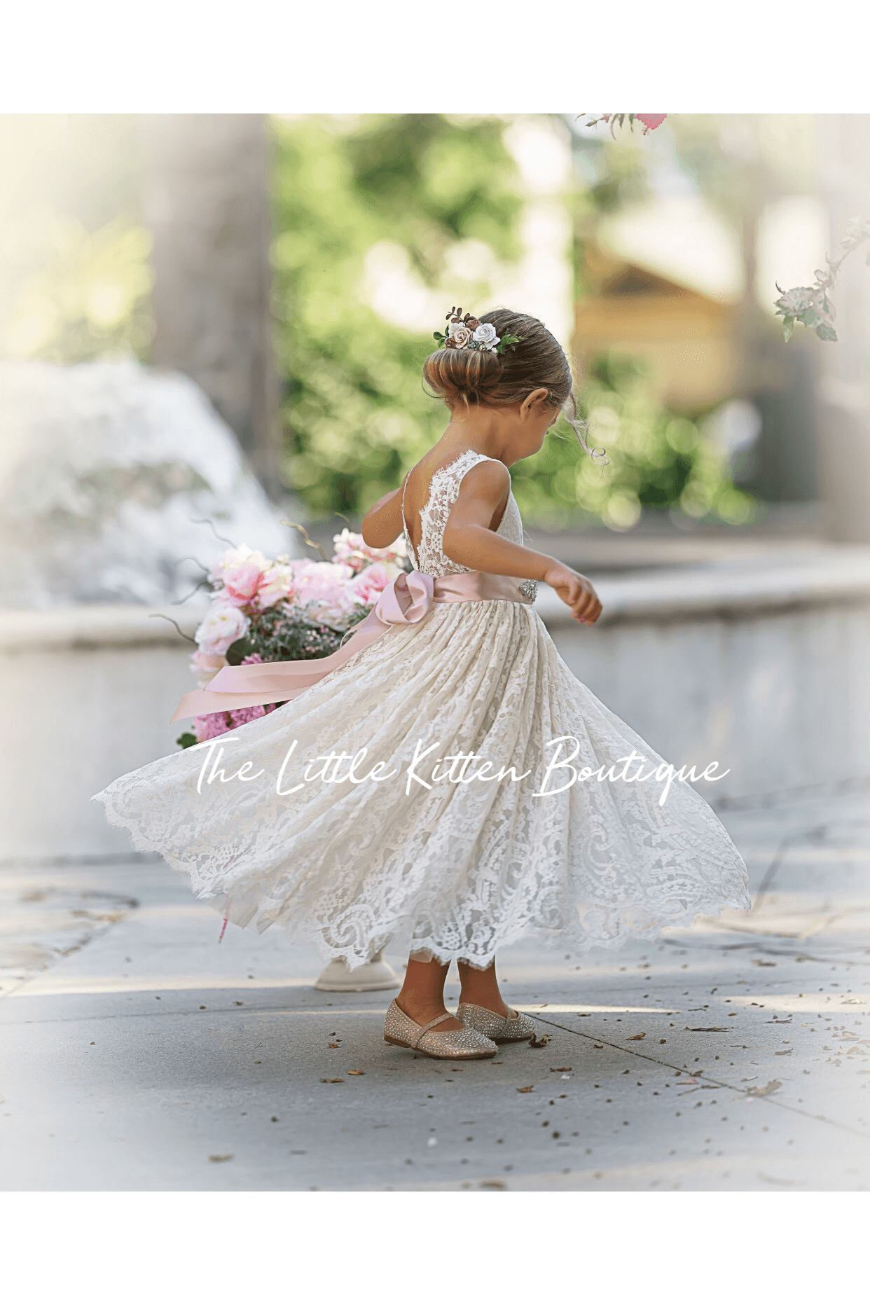 Sleeveless Lace Boho Flower Girl Dress with V-Back and Eyelash Lace - The Little Kitten Boutique