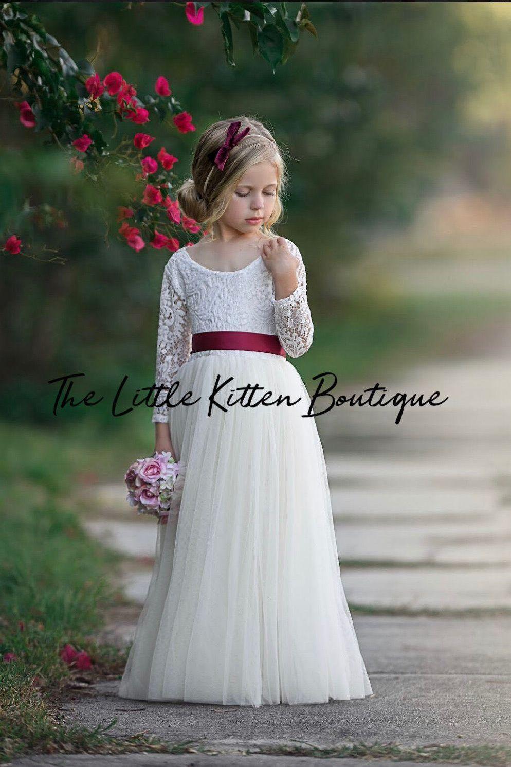 Long Sleeve Tulle and Lace Flower Girl Dress - The Little Kitten Boutique