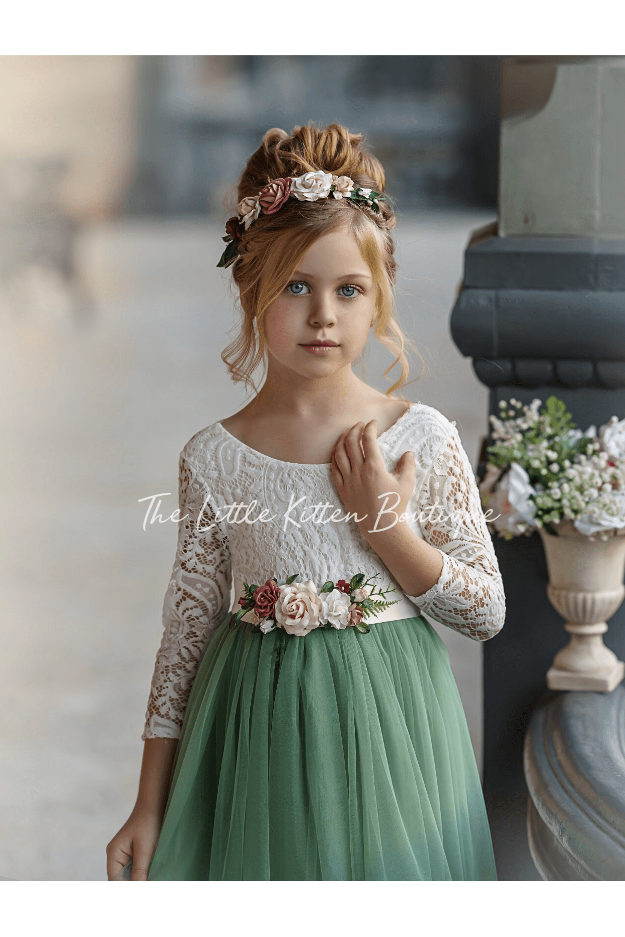 Sage tulle and lace Flower Girl dress - The Little Kitten Boutique