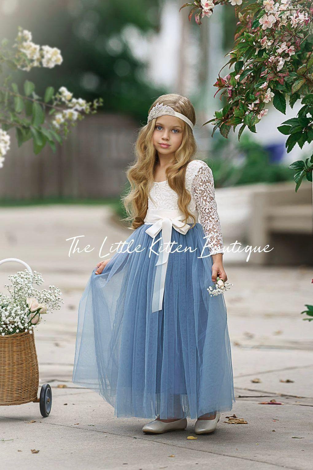 Dusty Blue and Sage Green tulle and lace Flower Girl dress - The Little Kitten Boutique