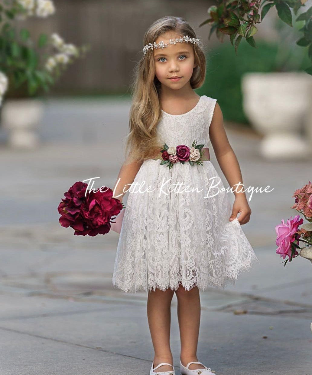 Sleeveless Knee Length Lace Flower Girl Dress - The Little Kitten Boutique