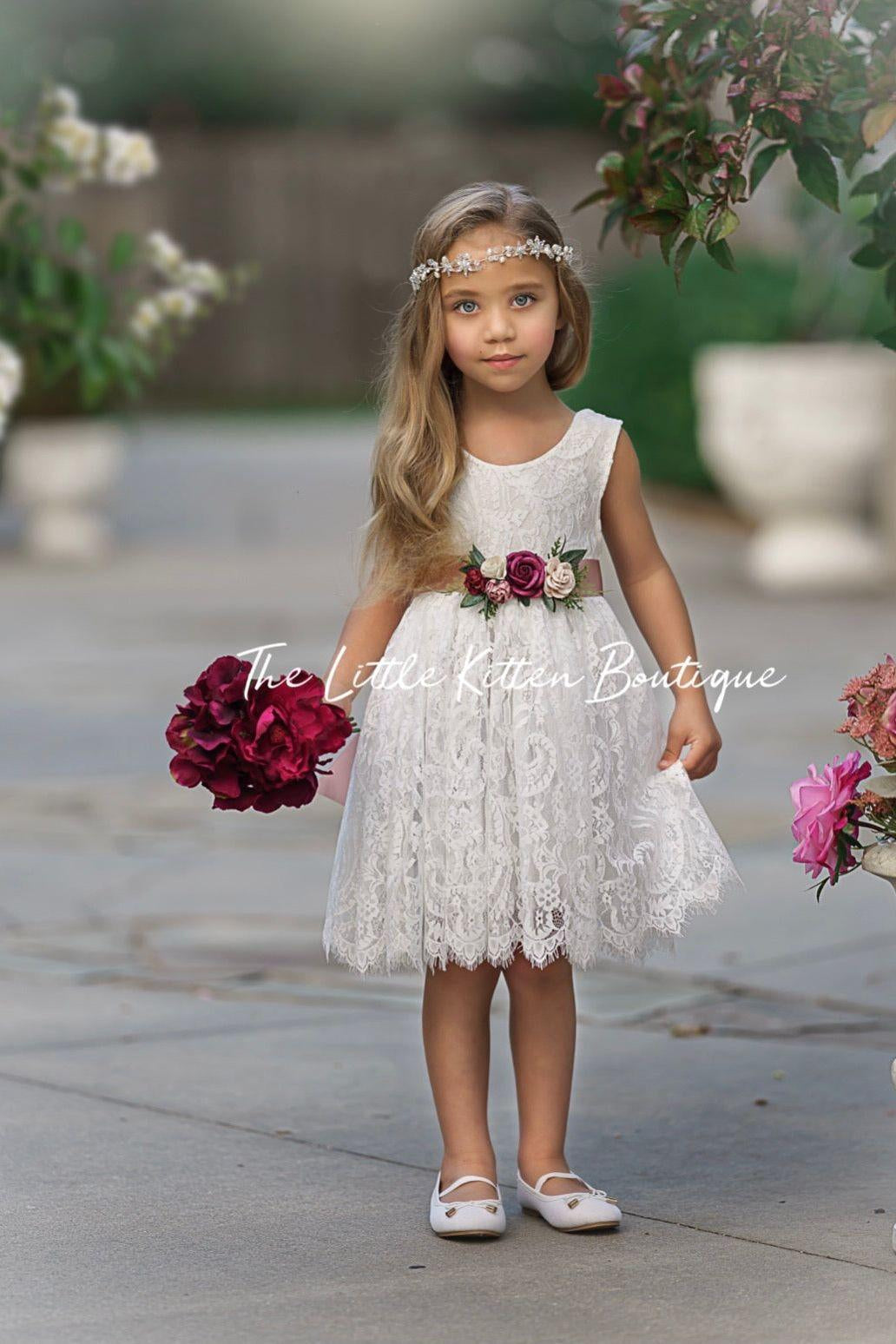 Sleeveless Knee Length Lace Flower Girl Dress - The Little Kitten Boutique