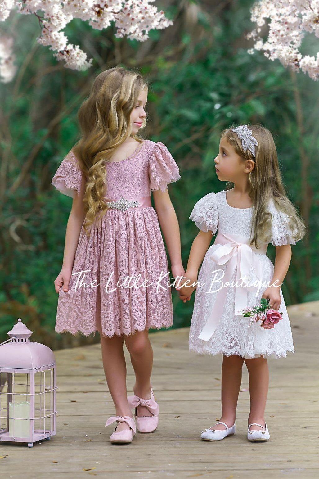 White & Ivory Short Sleeve Knee-Length Flower Girl Dress for Toddlers & Girls - The Little Kitten Boutique