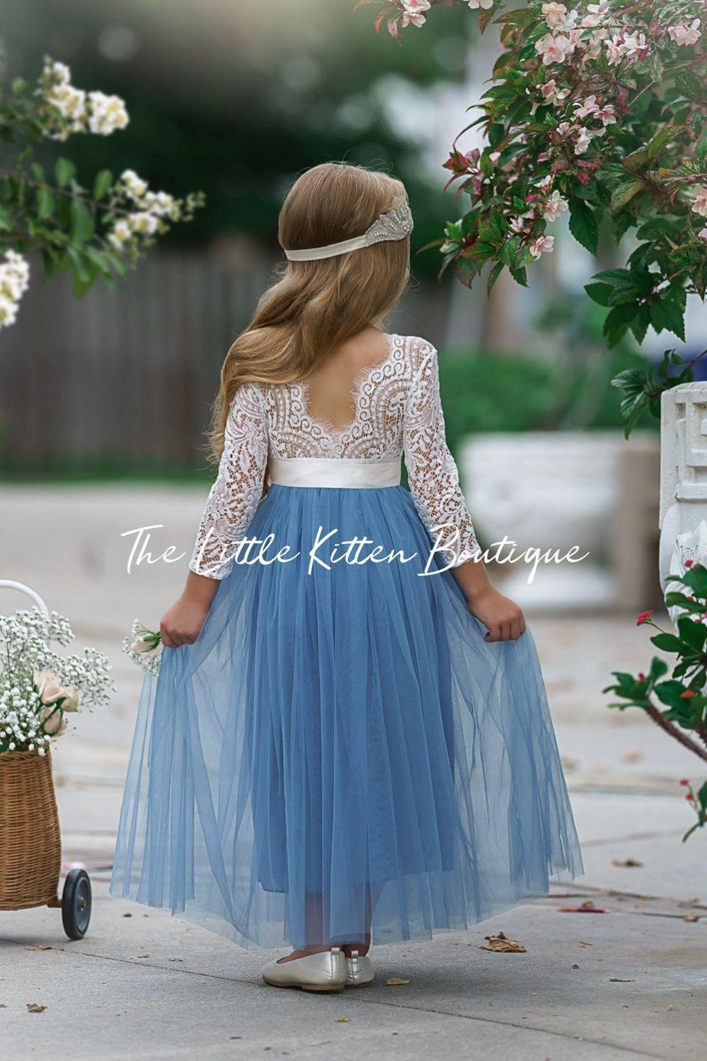 Dusty Blue and Sage Green tulle and lace Flower Girl dress - The Little Kitten Boutique