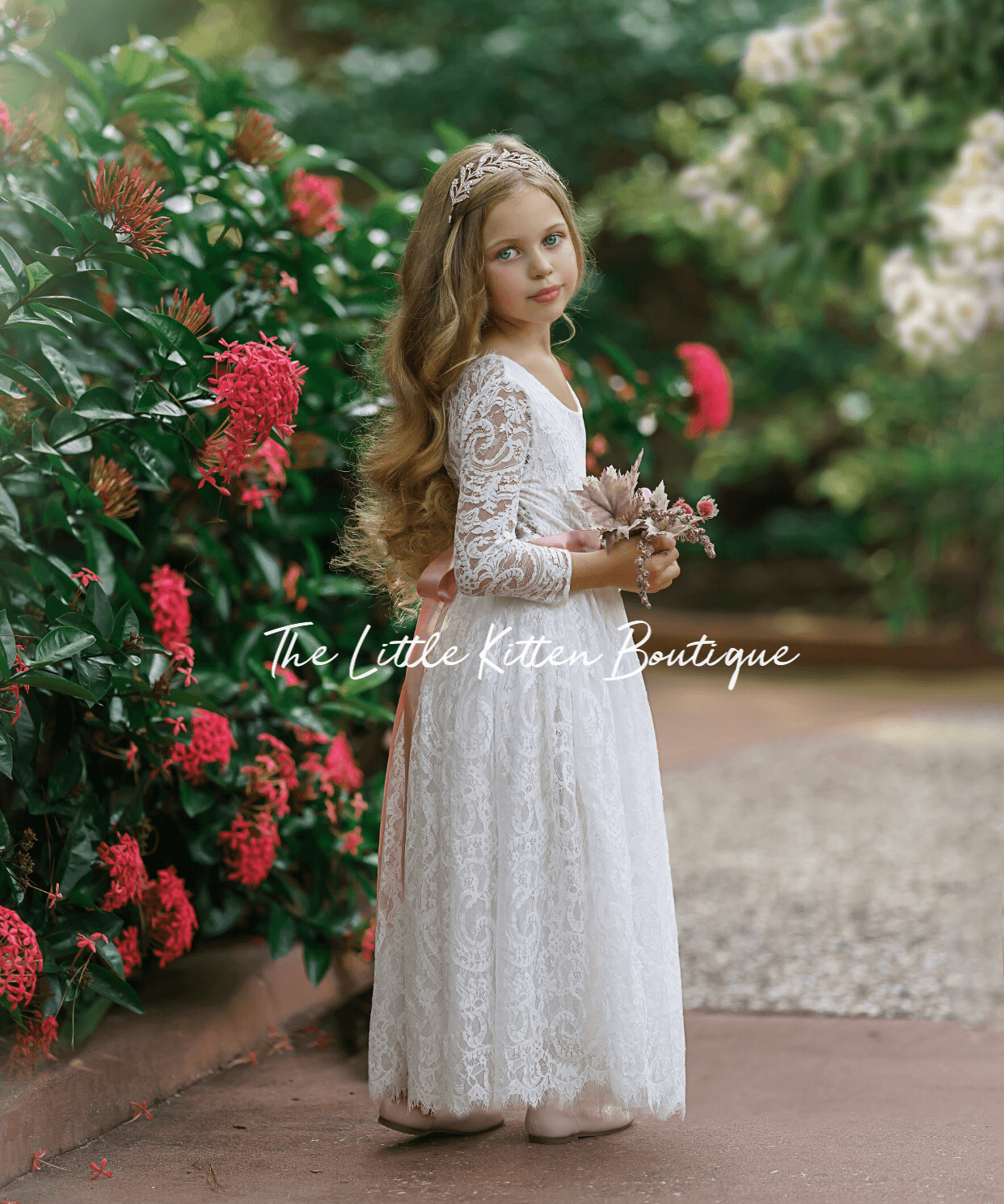 Long Sleeve Lace Flower Girl Dress - The Little Kitten Boutique