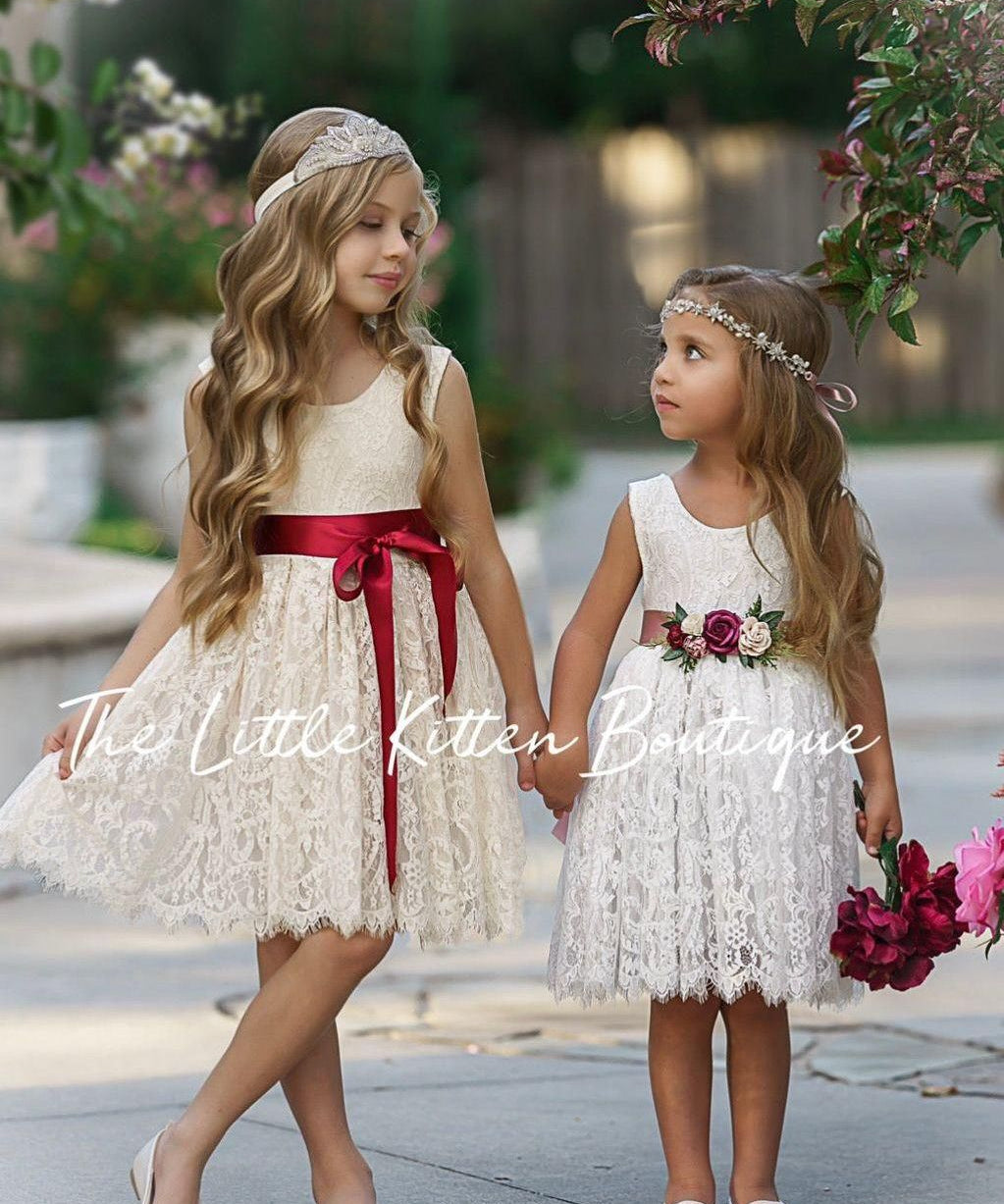 Antique Ivory and Off White Sleeveless Knee Length Lace Flower Girl Dresses - The Little Kitten Boutique