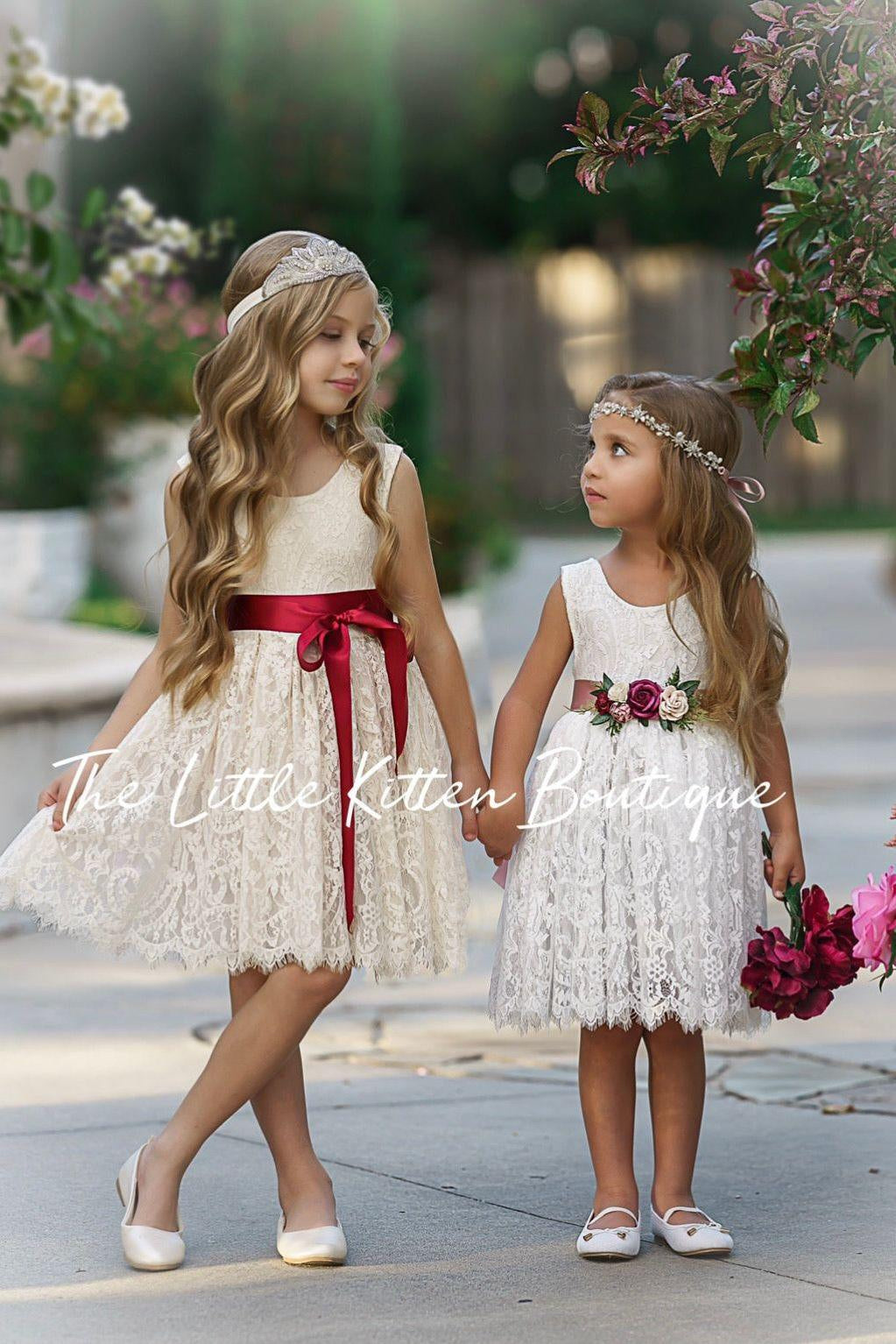 Antique Ivory and Off White Sleeveless Knee Length Lace Flower Girl Dresses - The Little Kitten Boutique