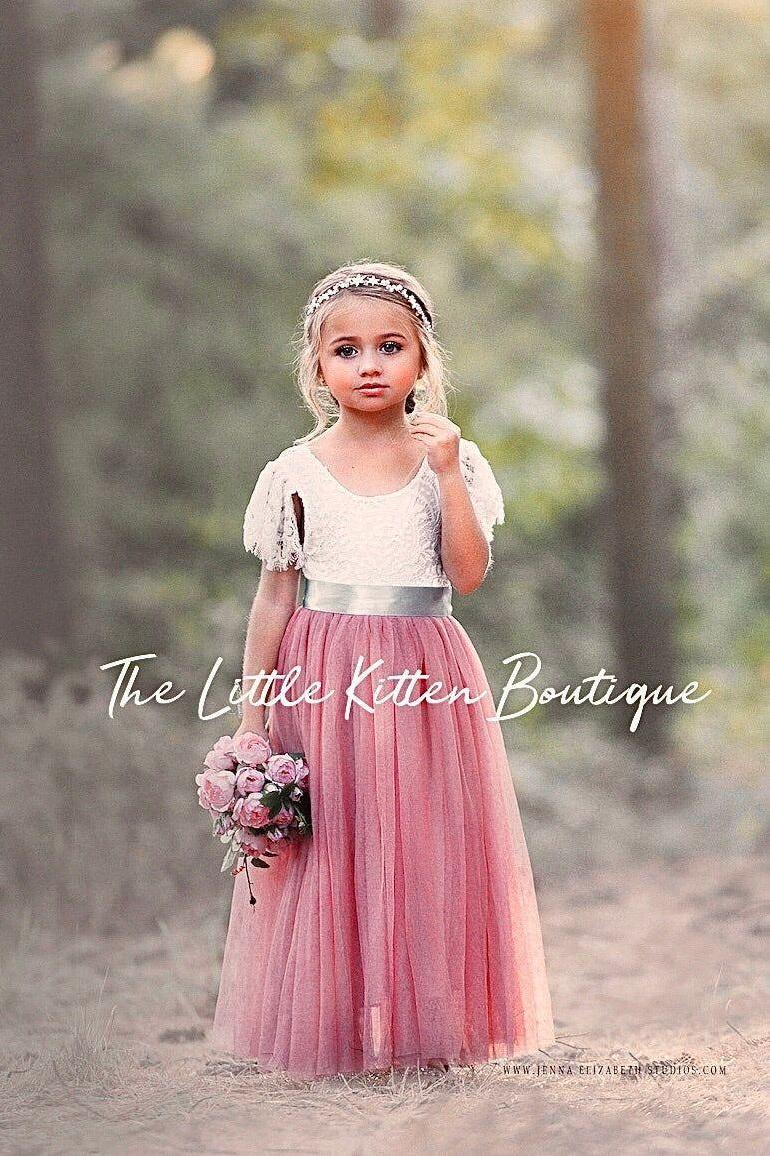 Lace Butterfly Cap Sleeve Special Occasion Lace and tulle flower girl dress - The Little Kitten Boutique