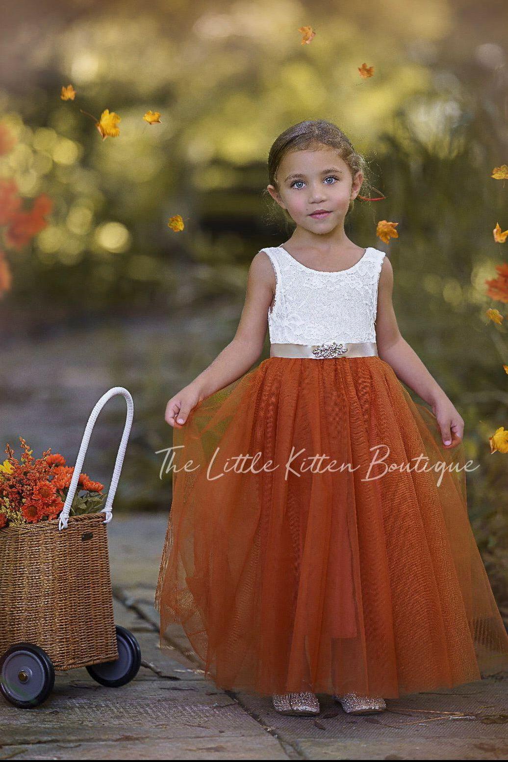 Sleeveless and Long Sleeve, Fall Inspired Burnt Orange and Rust Flower Girl Dresses - The Little Kitten Boutique