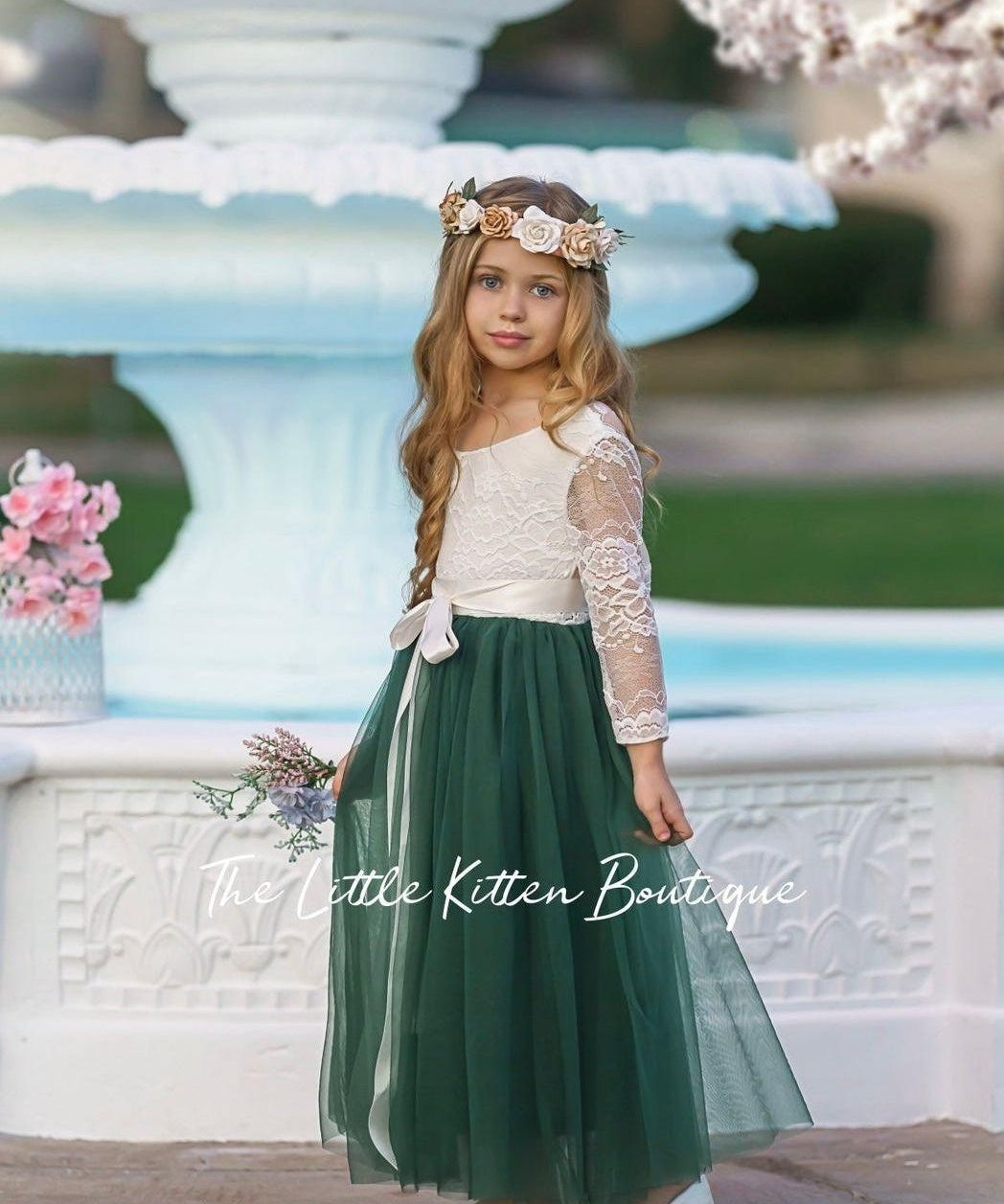 Long Sleeve Forest Green Flower Girl Dress for Weddings, Birthday Parties , Family Photo Shoots and More - The Little Kitten Boutique