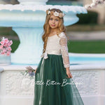 Long Sleeve Forest Green Flower Girl Dress for Weddings, Birthday Parties , Family Photo Shoots and More - The Little Kitten Boutique