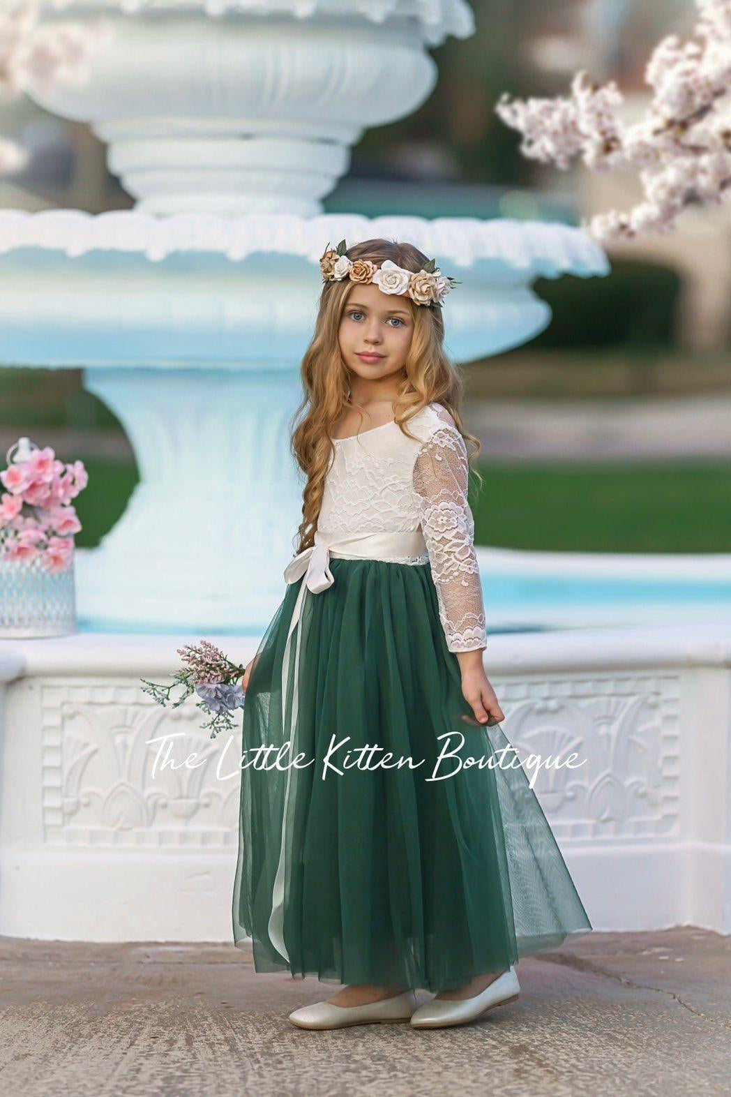Long Sleeve Forest Green Flower Girl Dress for Weddings, Birthday Parties , Family Photo Shoots and More - The Little Kitten Boutique