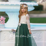 Long Sleeve Forest Green Flower Girl Dress for Weddings, Birthday Parties , Family Photo Shoots and More - The Little Kitten Boutique