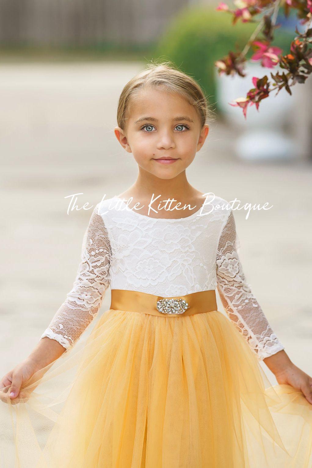 Fall Inspired, Long Sleeve Marigold Flower Girl Dress - The Little Kitten Boutique
