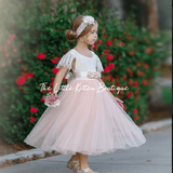 Lace and tulle Flower Girl Dress / Special Occasion Dress with Butterfly Cap Sleeve - The Little Kitten Boutique