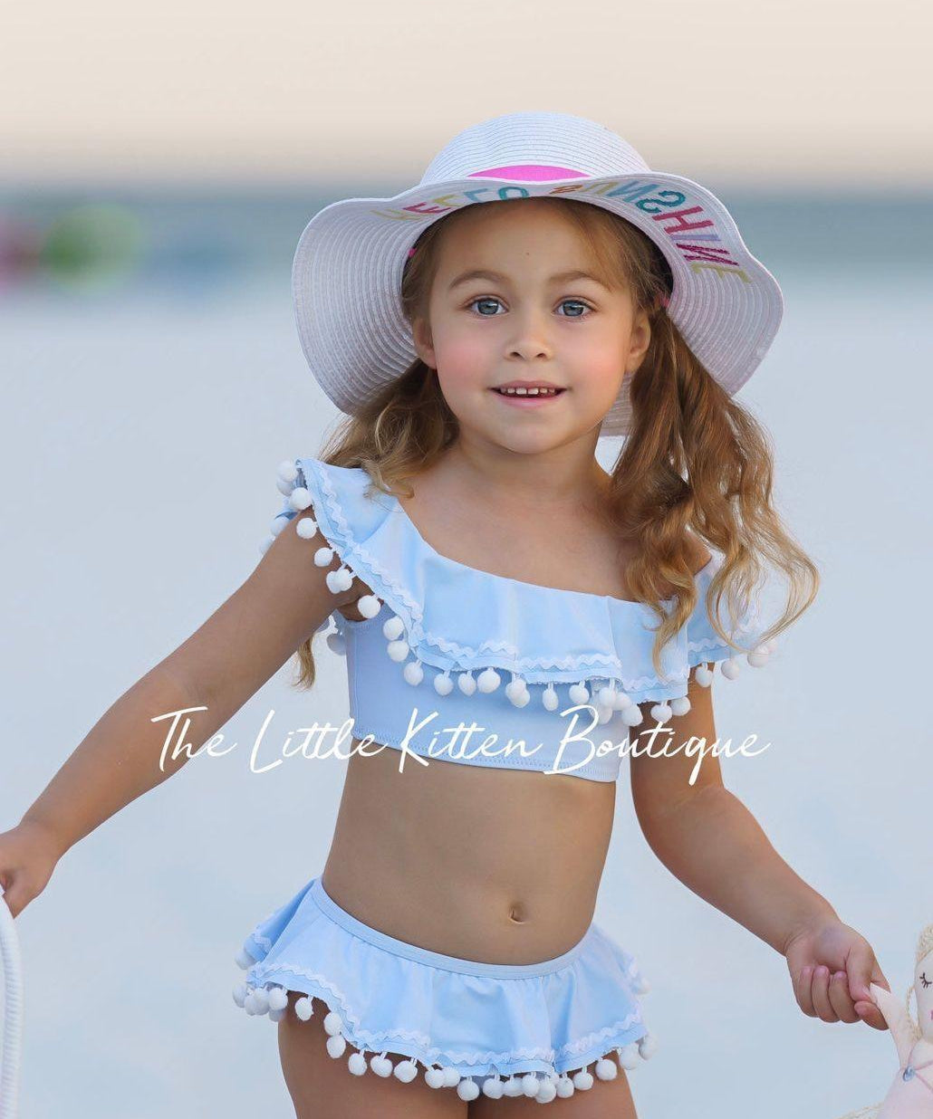 Blue pom pom 2 piece Swimsuit - 2 piece bathing suit - The Little Kitten Boutique