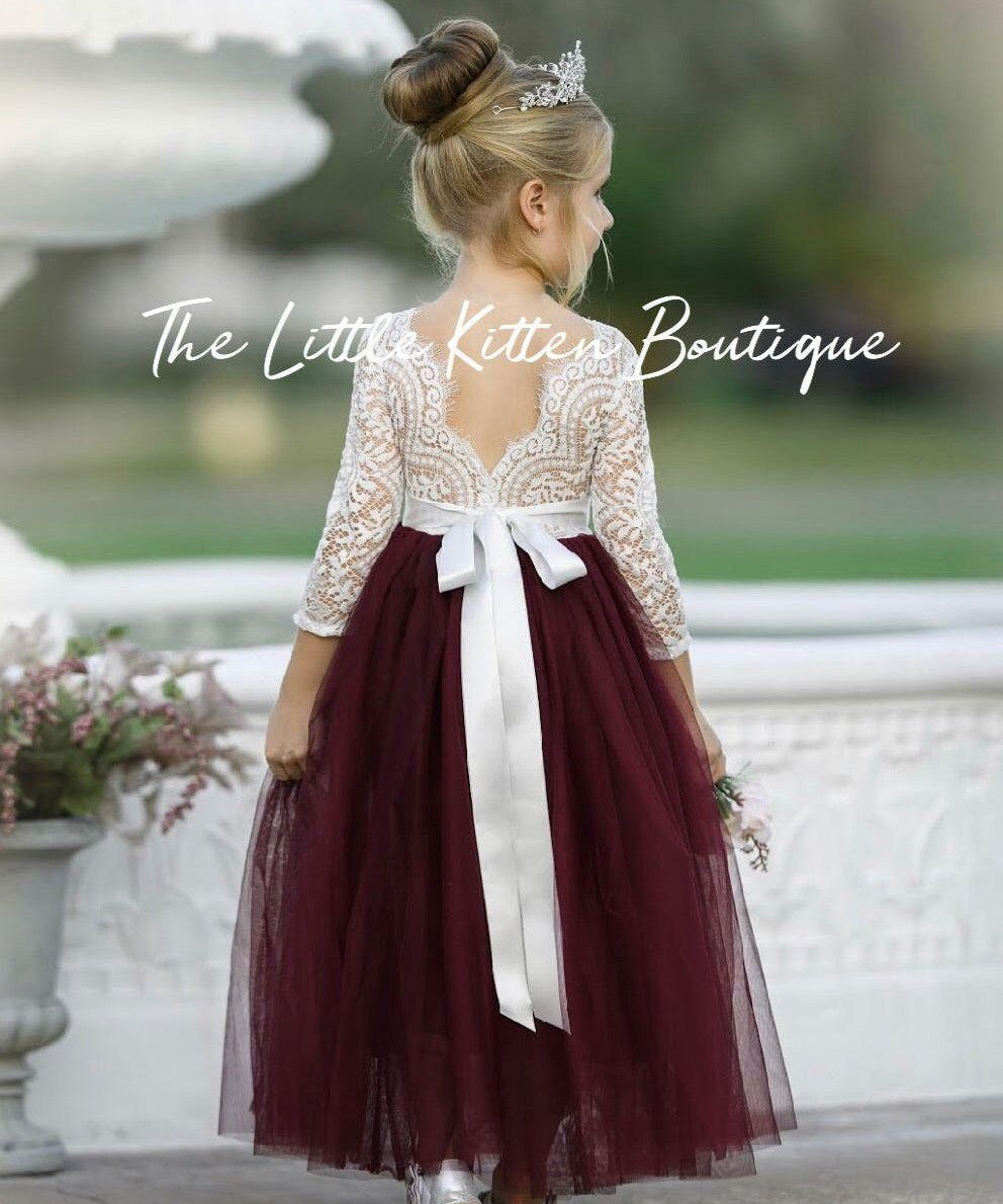 Long Sleeve Tulle and Lace Flower Girl Dress - The Little Kitten Boutique