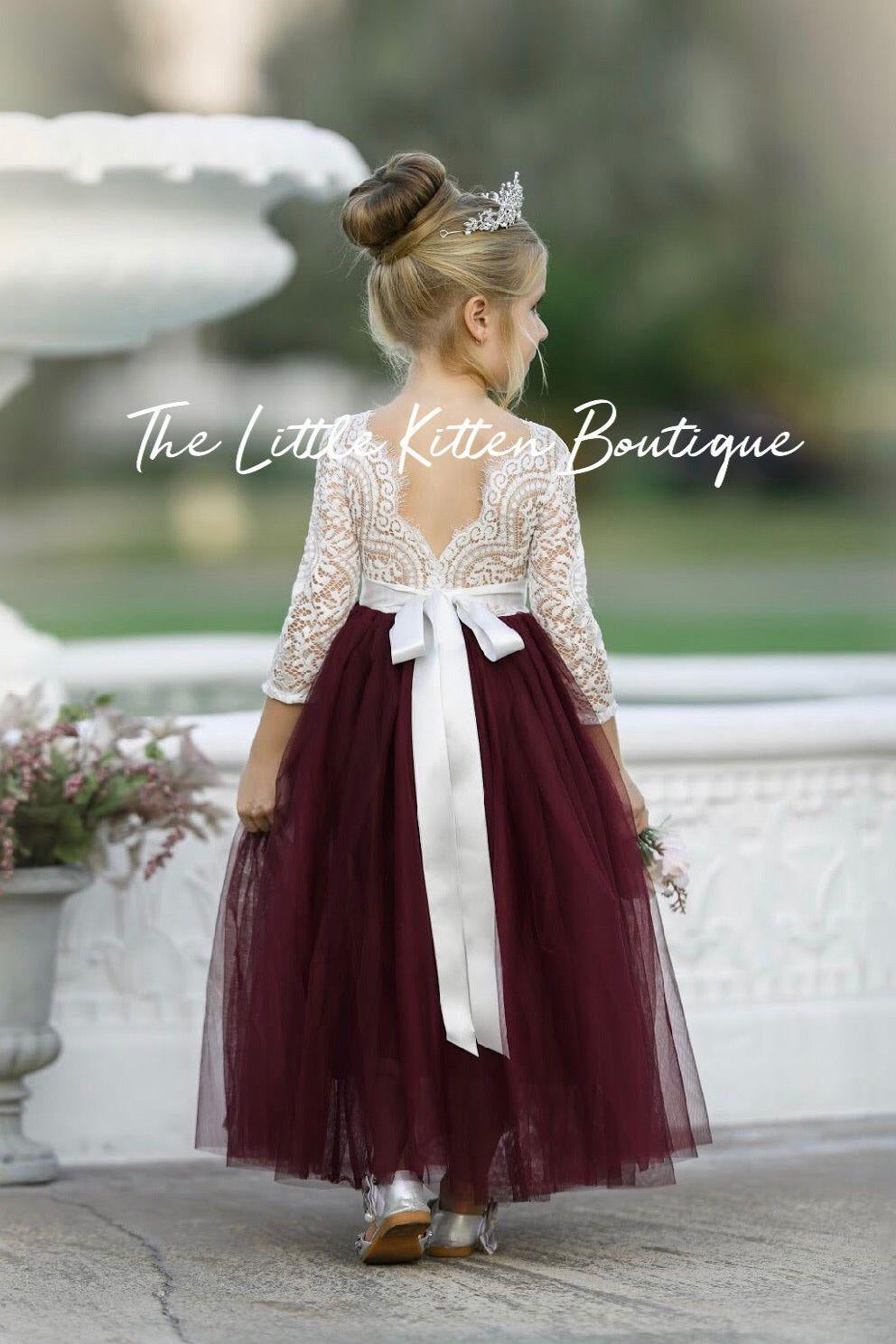 Long Sleeve Tulle and Lace Flower Girl Dress - The Little Kitten Boutique