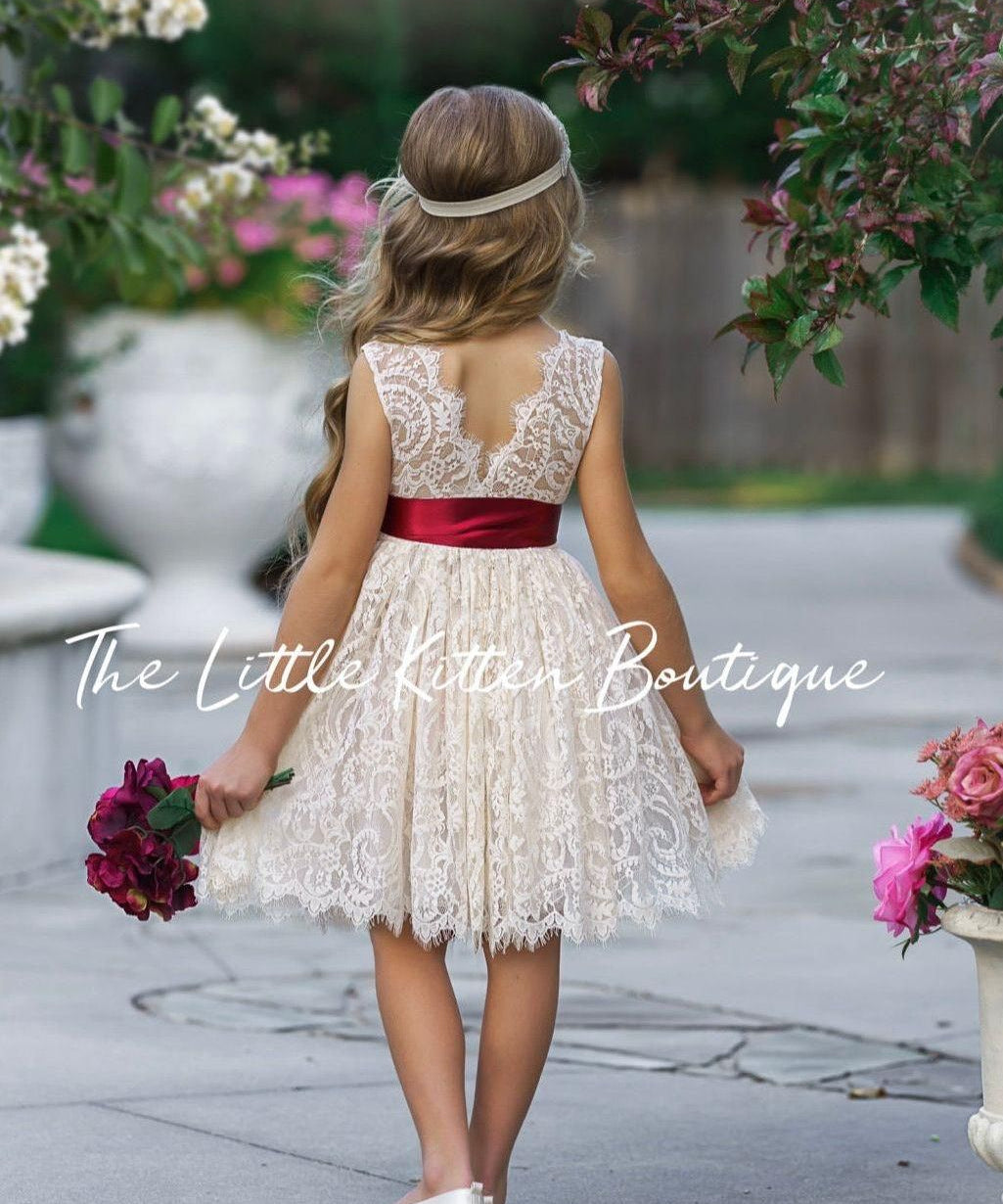 Antique Ivory and Off White Sleeveless Knee Length Lace Flower Girl Dresses - The Little Kitten Boutique