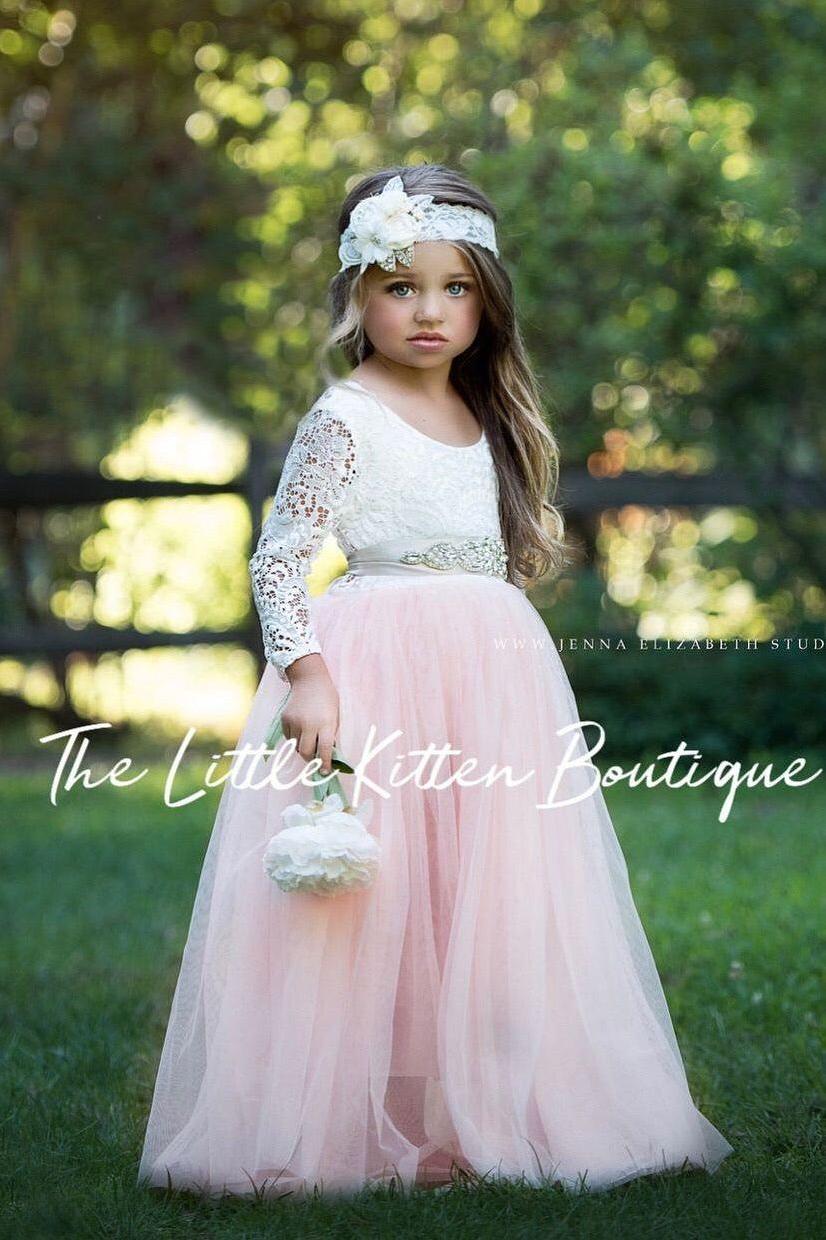 Classic Long Sleeve Tulle and Lace Flower Girl Dress / Girls Special Occasion Dress - The Little Kitten Boutique