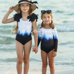 Blue Ombre girls 1 piece swimsuit with rash guard - 1 piece bathing suit - The Little Kitten Boutique