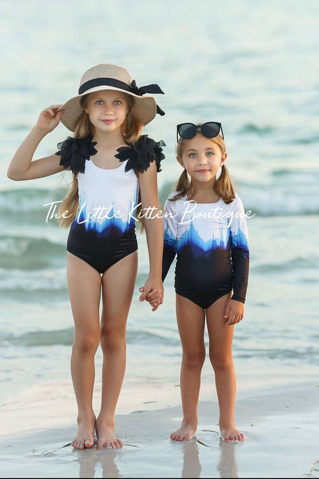 Blue Ombre girls 1 piece swimsuit with rash guard - 1 piece bathing suit - The Little Kitten Boutique