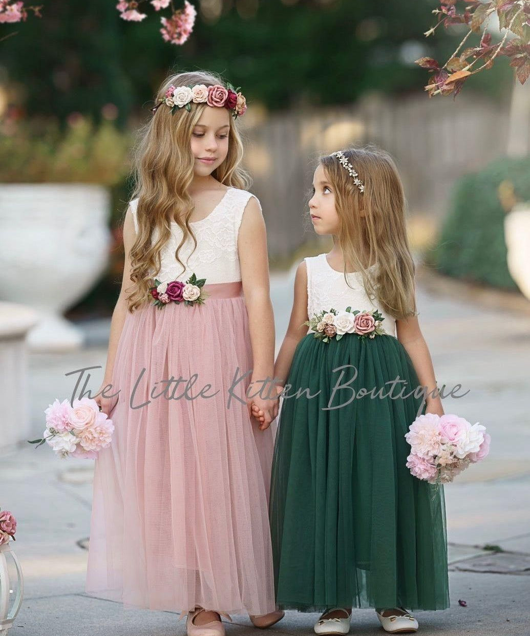 Forest Green, Prima Pink and Mauve Flower Girl Dresses - The Little Kitten Boutique