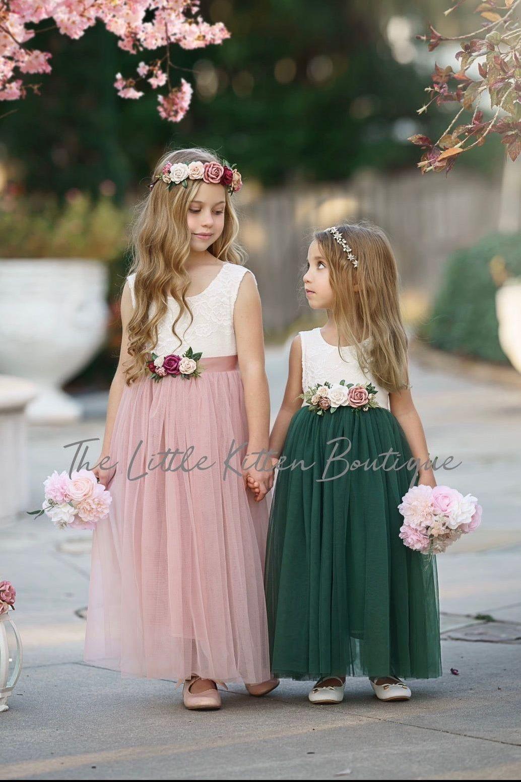 Forest Green, Prima Pink and Mauve Flower Girl Dresses - The Little Kitten Boutique