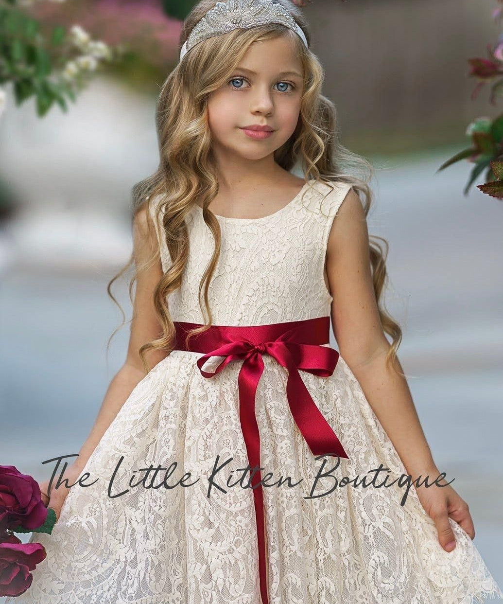 Sleeveless Knee-Length Lace Flower Girl Dress - White or Ivory - The Little Kitten Boutique